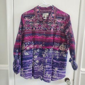 Norm Thompson Blouse Women's 16 Petite Long Sleeve Purple Pink Floral Pattern